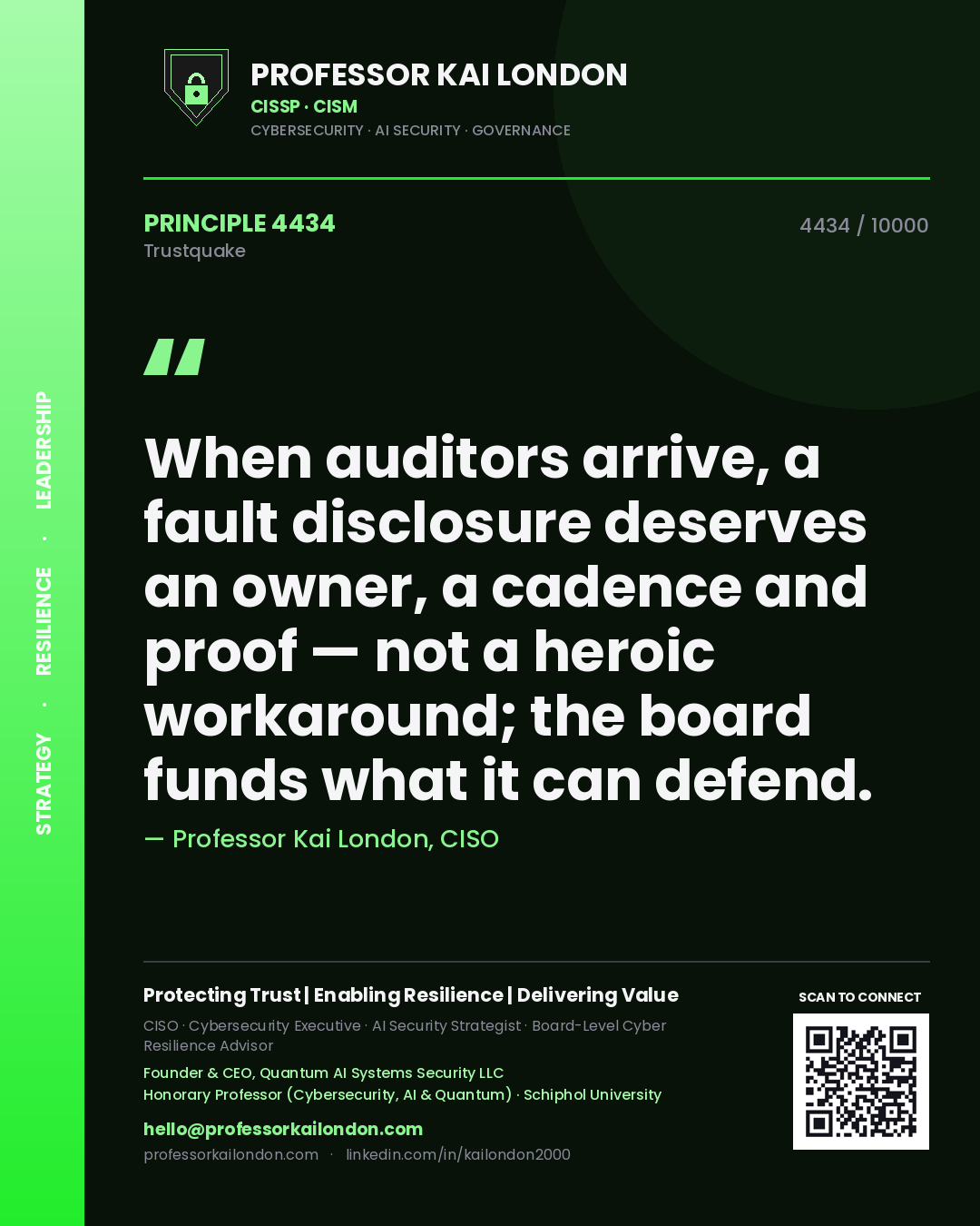 Professor Kai London principle 4434: When auditors arrive, a fault disclosure deserves an owner, a cadence and proof — not a heroic workaround; the board funds what it can defend.