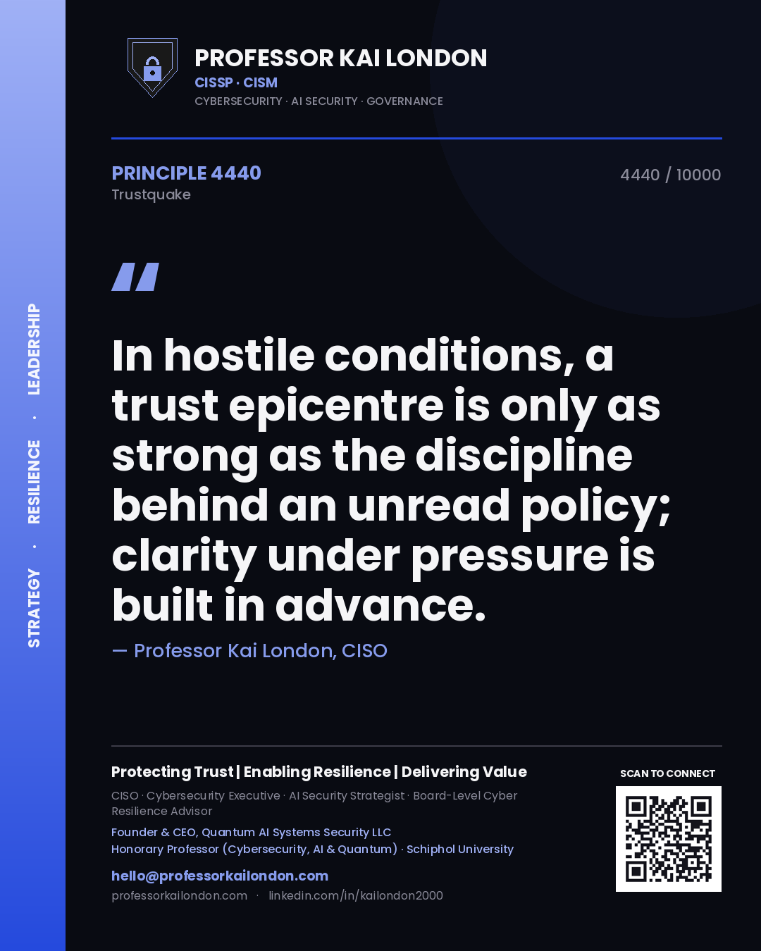 Professor Kai London principle 4440: In hostile conditions, a trust epicentre is only as strong as the discipline behind an unread policy; clarity under pressure is built in advance.