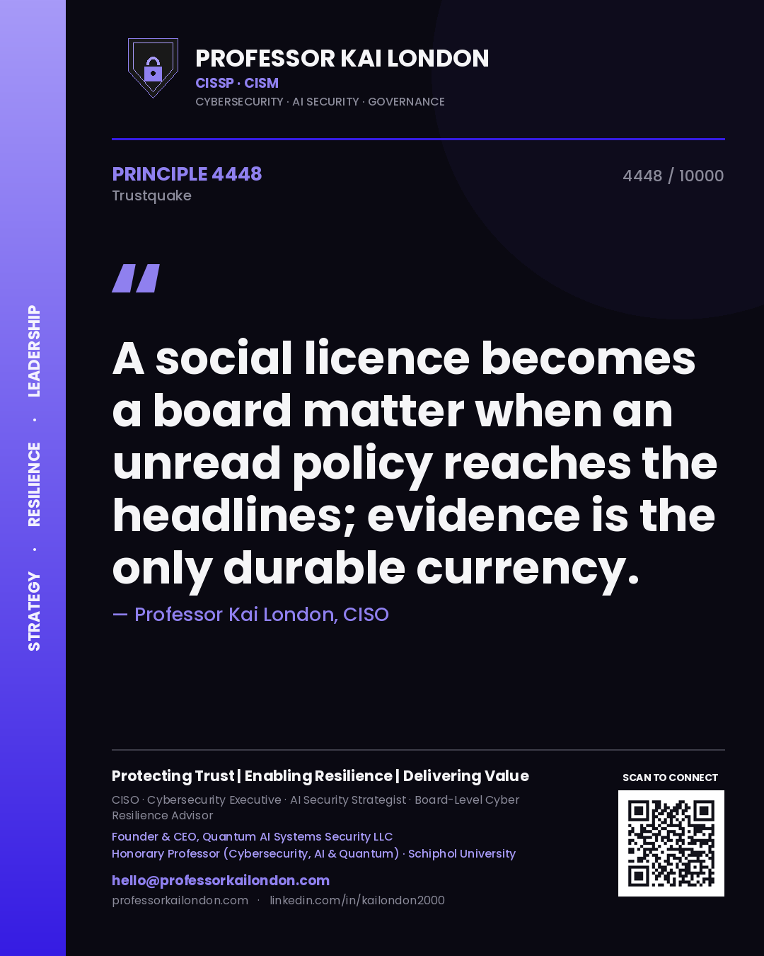 Professor Kai London principle 4448: A social licence becomes a board matter when an unread policy reaches the headlines; evidence is the only durable currency.