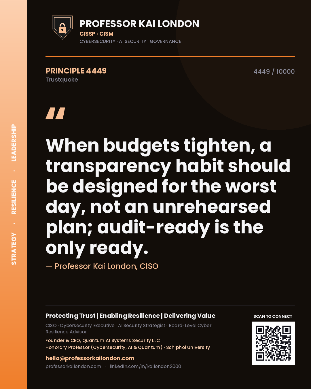 Professor Kai London principle 4449: When budgets tighten, a transparency habit should be designed for the worst day, not an unrehearsed plan; audit-ready is the only ready.