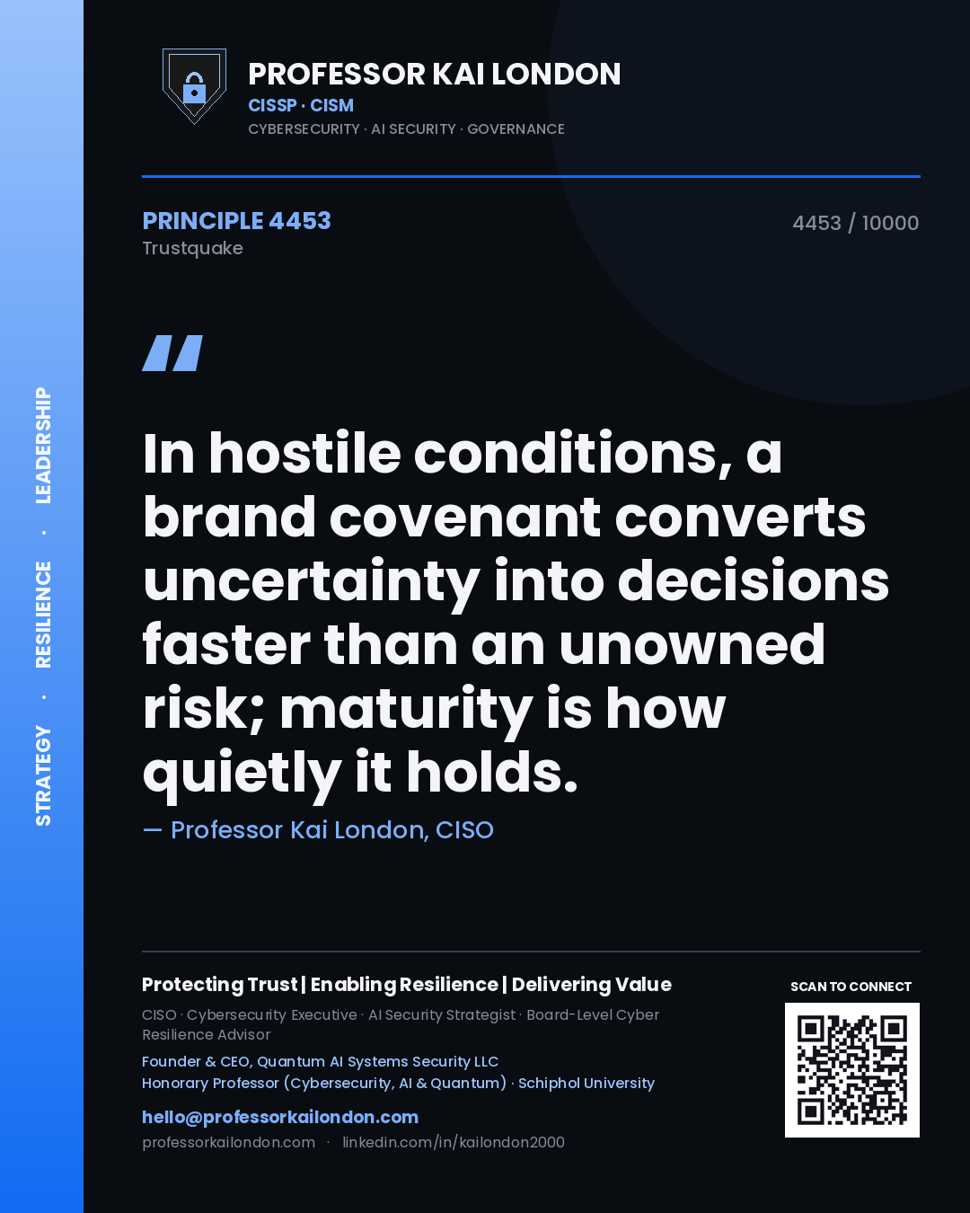 Professor Kai London principle 4453: In hostile conditions, a brand covenant converts uncertainty into decisions faster than an unowned risk; maturity is how quietly it holds.