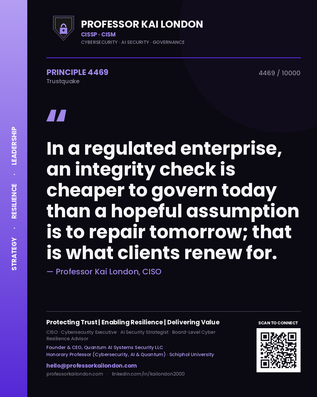 Professor Kai London principle 4469: In a regulated enterprise, an integrity check is cheaper to govern today than a hopeful assumption is to repair tomorrow; that is what clients renew for.