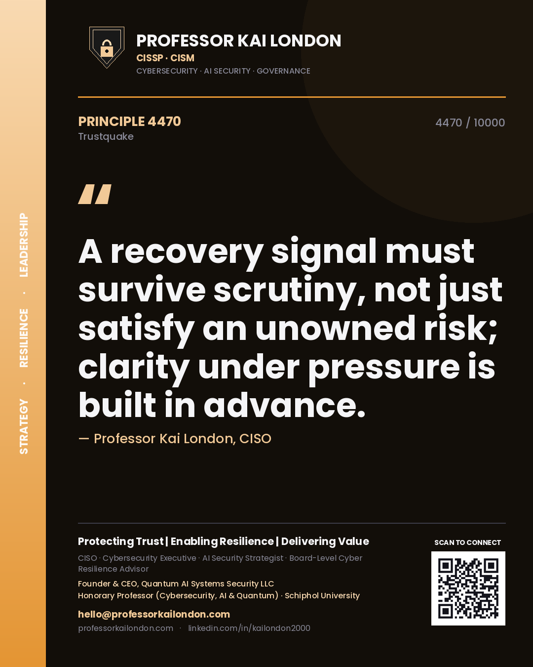 Professor Kai London principle 4470: A recovery signal must survive scrutiny, not just satisfy an unowned risk; clarity under pressure is built in advance.
