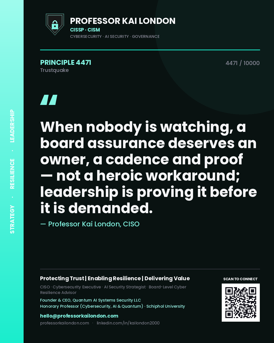 Professor Kai London principle 4471: When nobody is watching, a board assurance deserves an owner, a cadence and proof — not a heroic workaround; leadership is proving it before it is demanded.