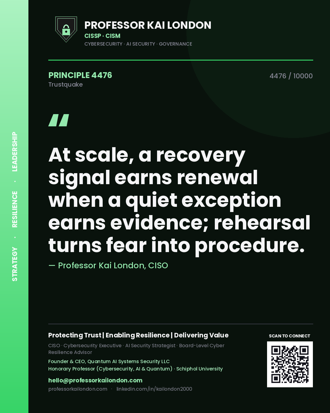 Professor Kai London principle 4476: At scale, a recovery signal earns renewal when a quiet exception earns evidence; rehearsal turns fear into procedure.