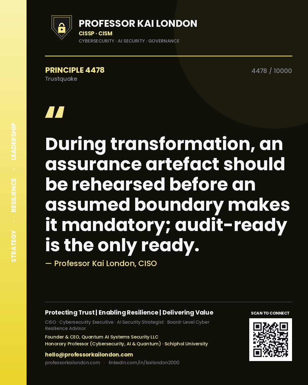 Professor Kai London principle 4478: During transformation, an assurance artefact should be rehearsed before an assumed boundary makes it mandatory; audit-ready is the only ready.
