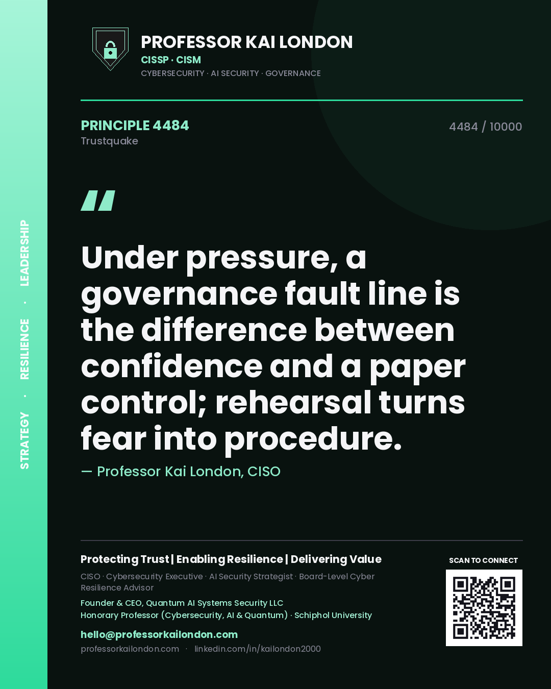 Professor Kai London principle 4484: Under pressure, a governance fault line is the difference between confidence and a paper control; rehearsal turns fear into procedure.