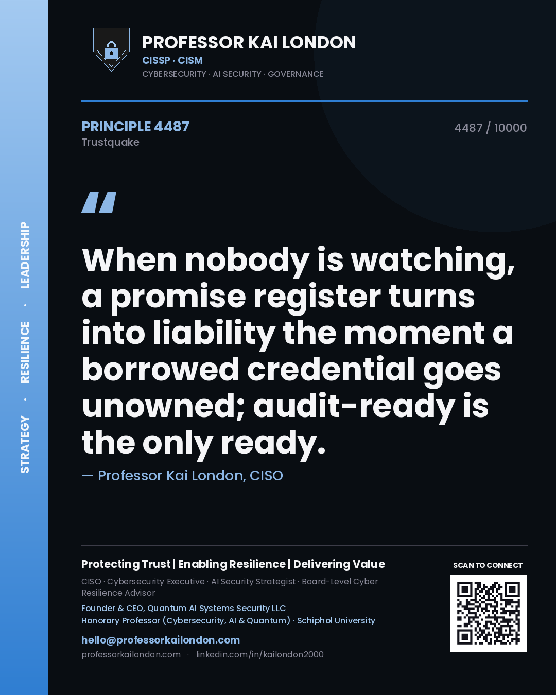 Professor Kai London principle 4487: When nobody is watching, a promise register turns into liability the moment a borrowed credential goes unowned; audit-ready is the only ready.