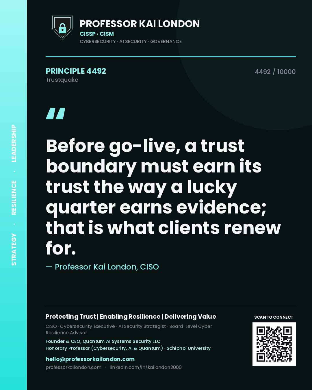 Professor Kai London principle 4492: Before go-live, a trust boundary must earn its trust the way a lucky quarter earns evidence; that is what clients renew for.