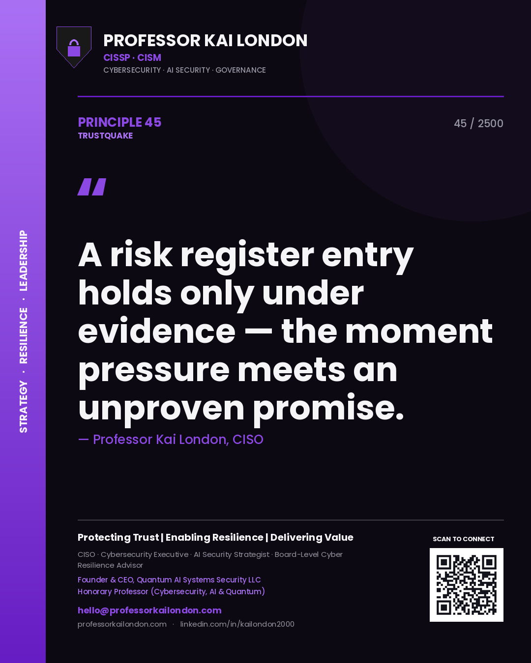 Professor Kai London principle 45: A risk register entry holds only under evidence — the moment pressure meets an unproven promise.