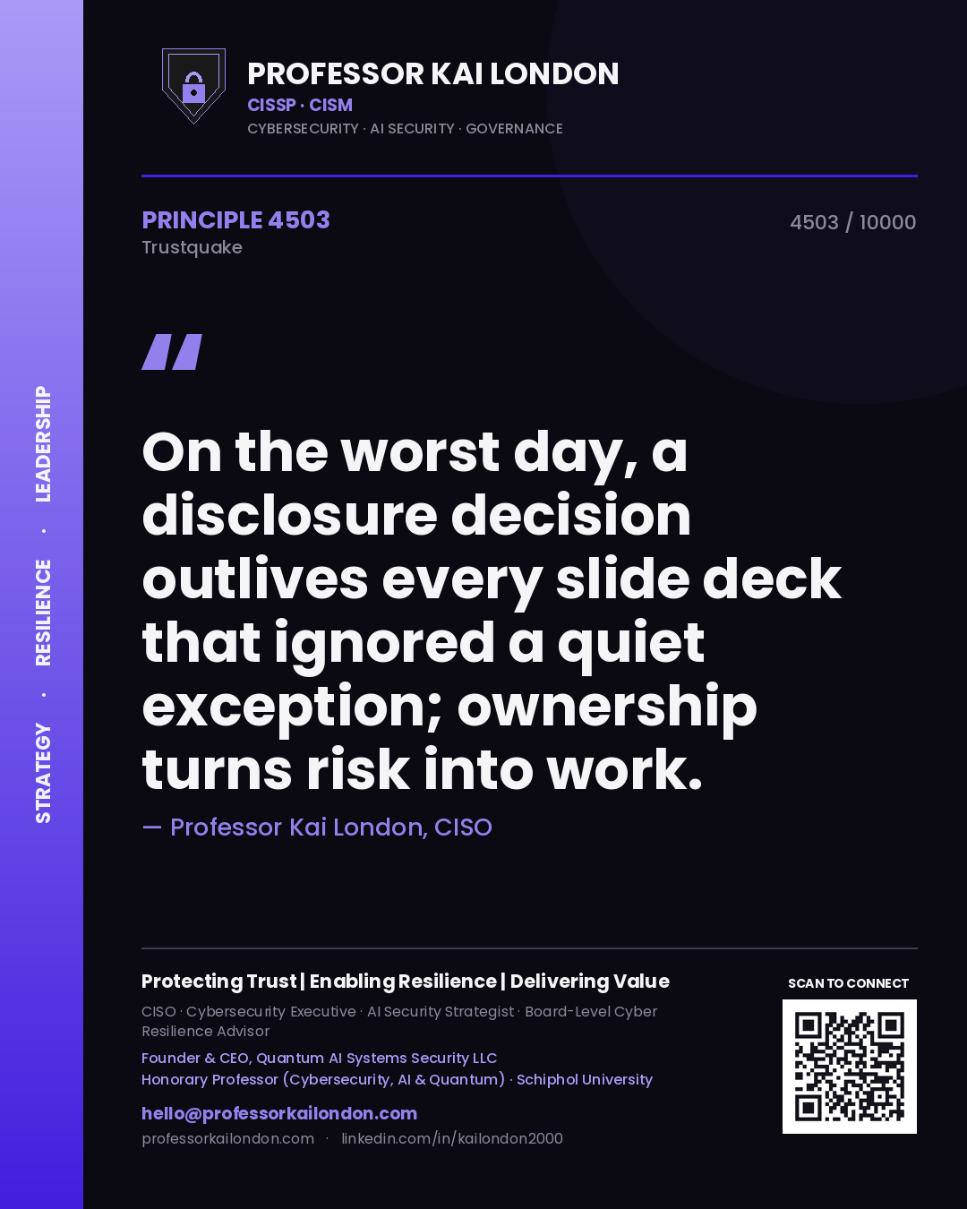 Professor Kai London principle 4503: On the worst day, a disclosure decision outlives every slide deck that ignored a quiet exception; ownership turns risk into work.