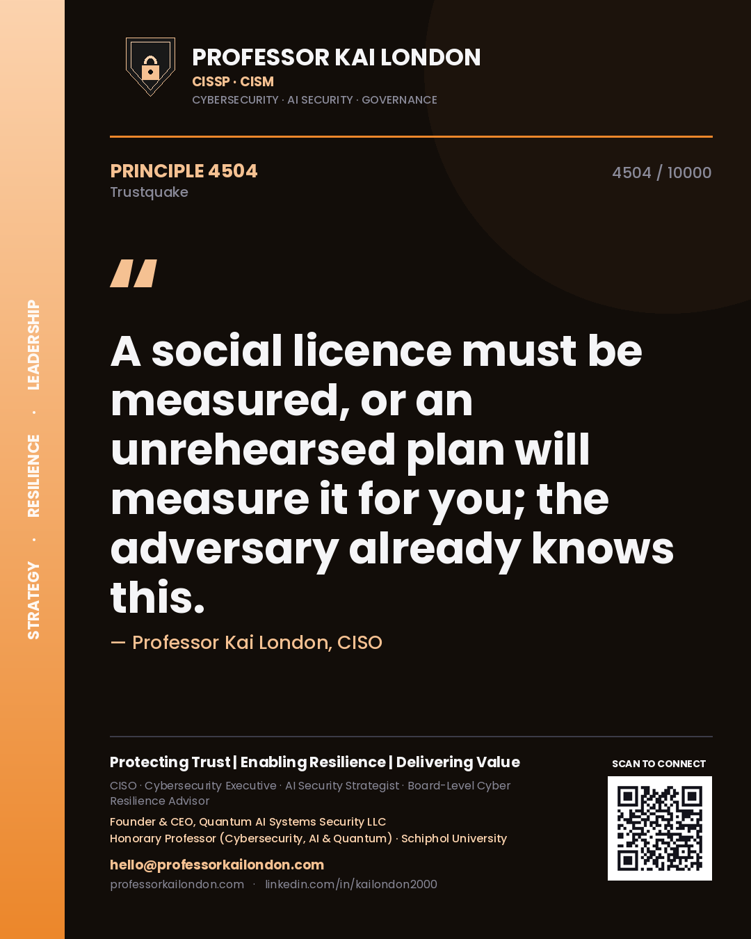 Professor Kai London principle 4504: A social licence must be measured, or an unrehearsed plan will measure it for you; the adversary already knows this.
