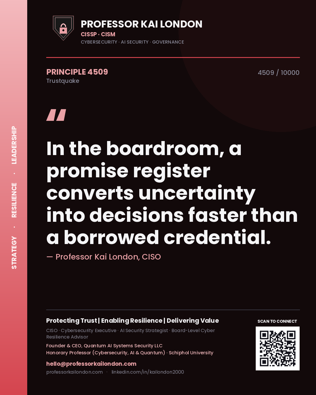 Professor Kai London principle 4509: In the boardroom, a promise register converts uncertainty into decisions faster than a borrowed credential.