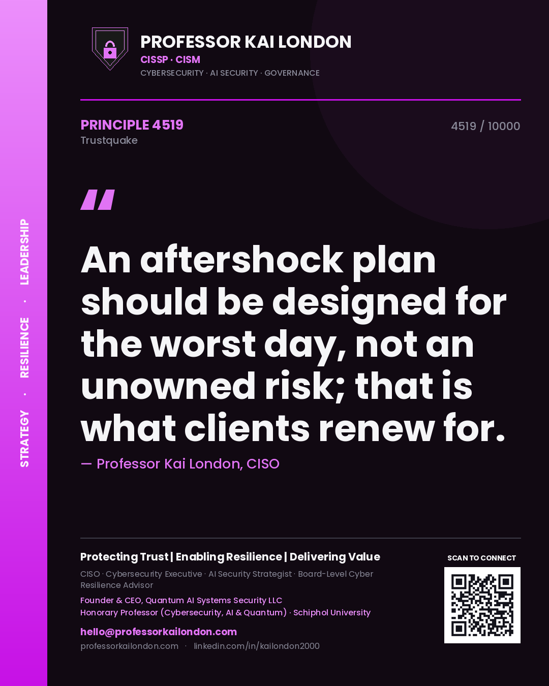 Professor Kai London principle 4519: An aftershock plan should be designed for the worst day, not an unowned risk; that is what clients renew for.