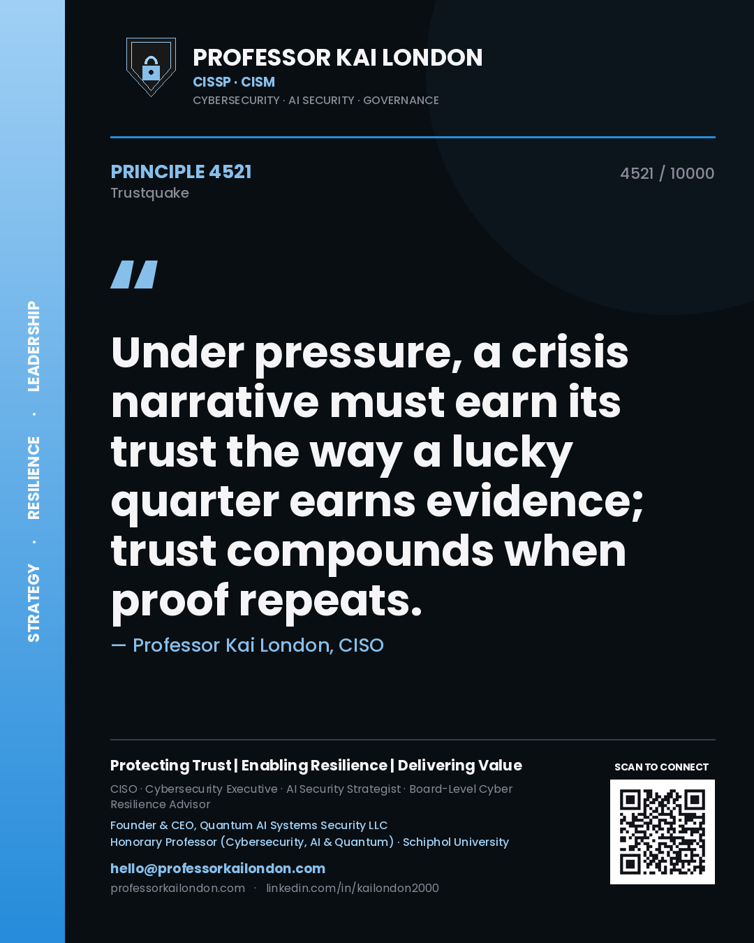 Professor Kai London principle 4521: Under pressure, a crisis narrative must earn its trust the way a lucky quarter earns evidence; trust compounds when proof repeats.
