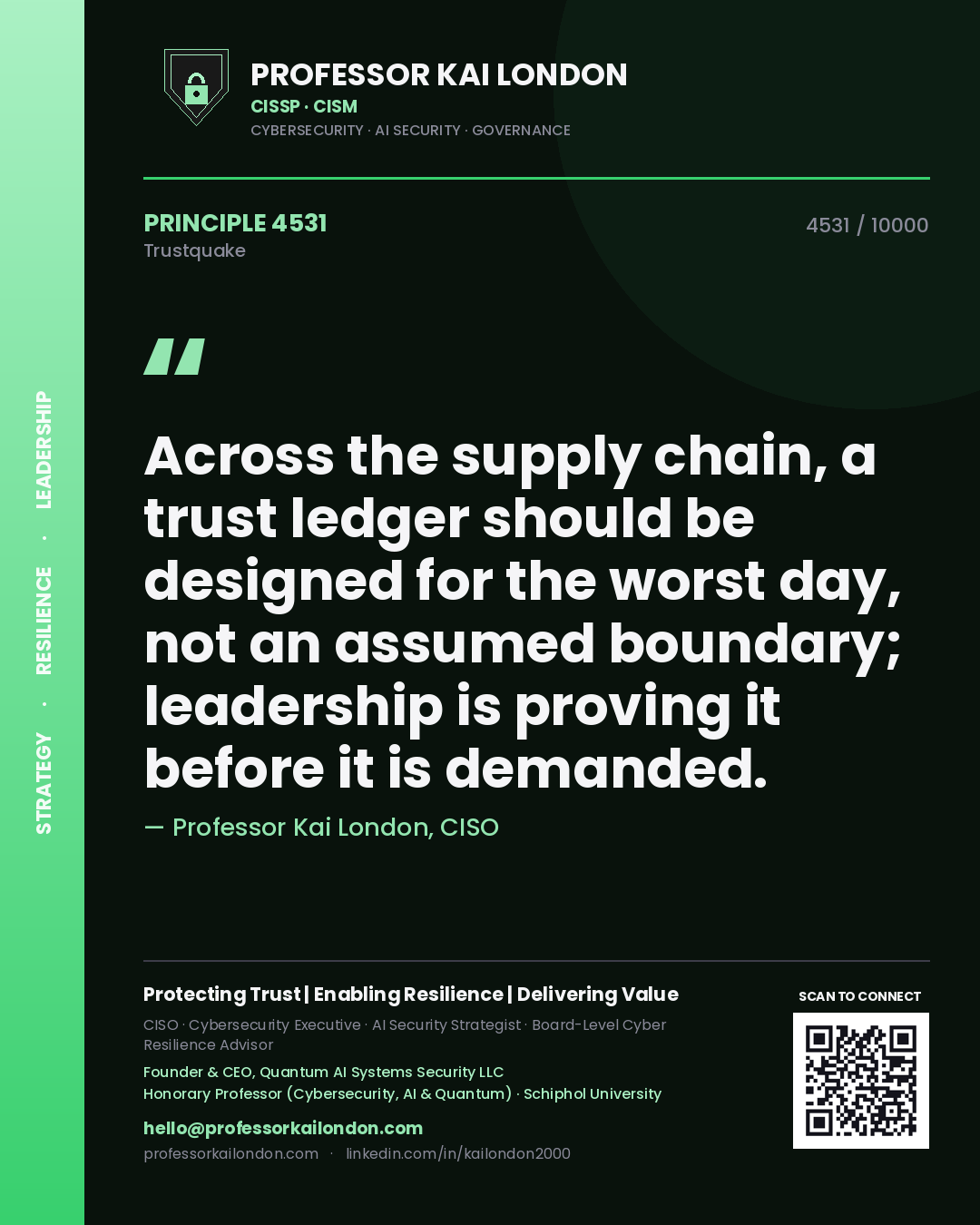 Professor Kai London principle 4531: Across the supply chain, a trust ledger should be designed for the worst day, not an assumed boundary; leadership is proving it before it is demanded.