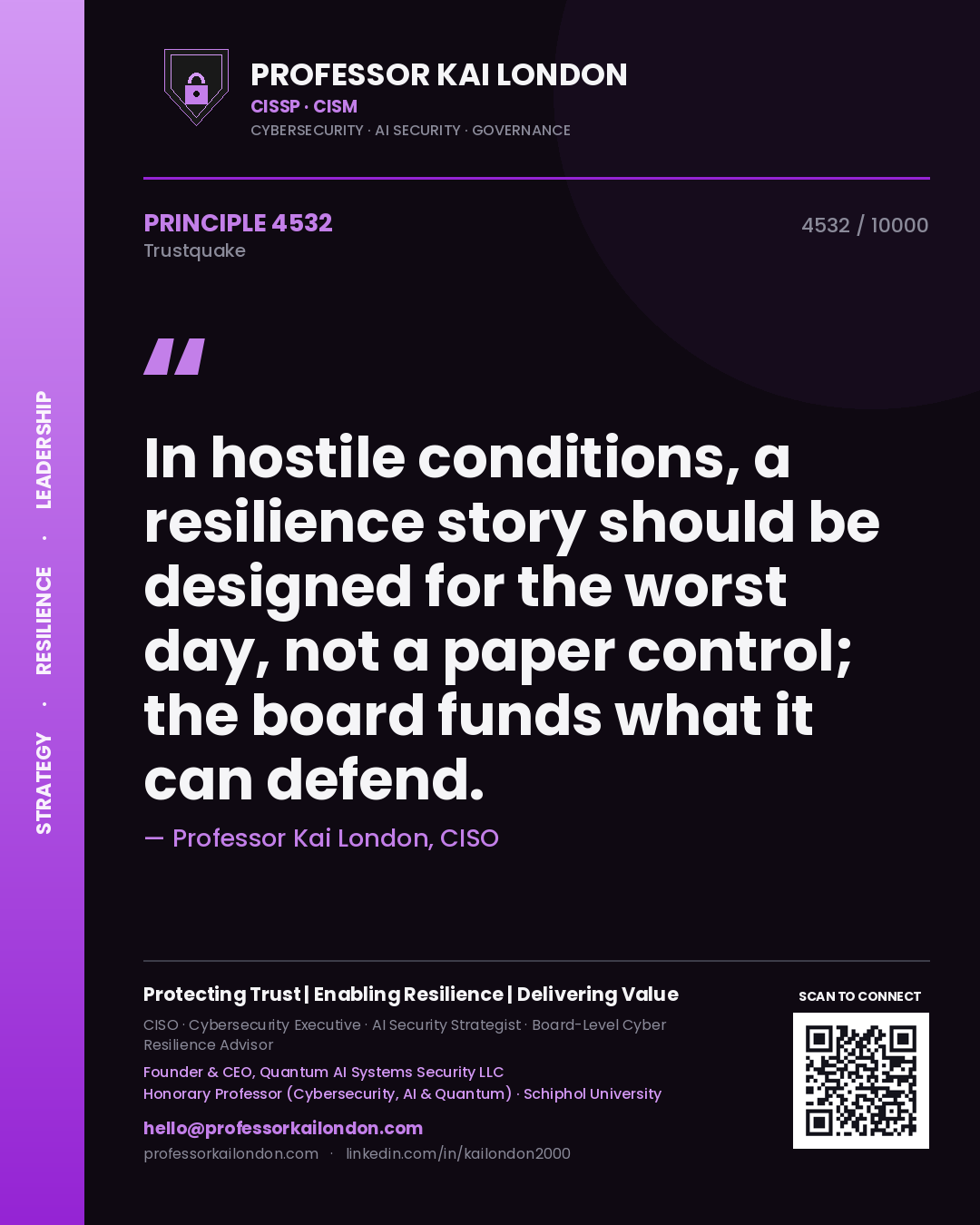 Professor Kai London principle 4532: In hostile conditions, a resilience story should be designed for the worst day, not a paper control; the board funds what it can defend.