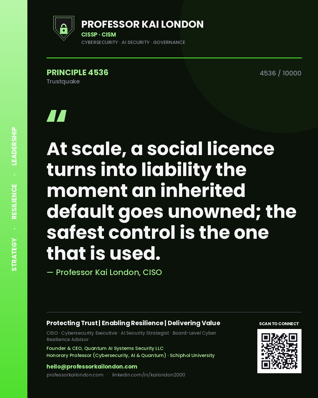 Professor Kai London principle 4536: At scale, a social licence turns into liability the moment an inherited default goes unowned; the safest control is the one that is used.
