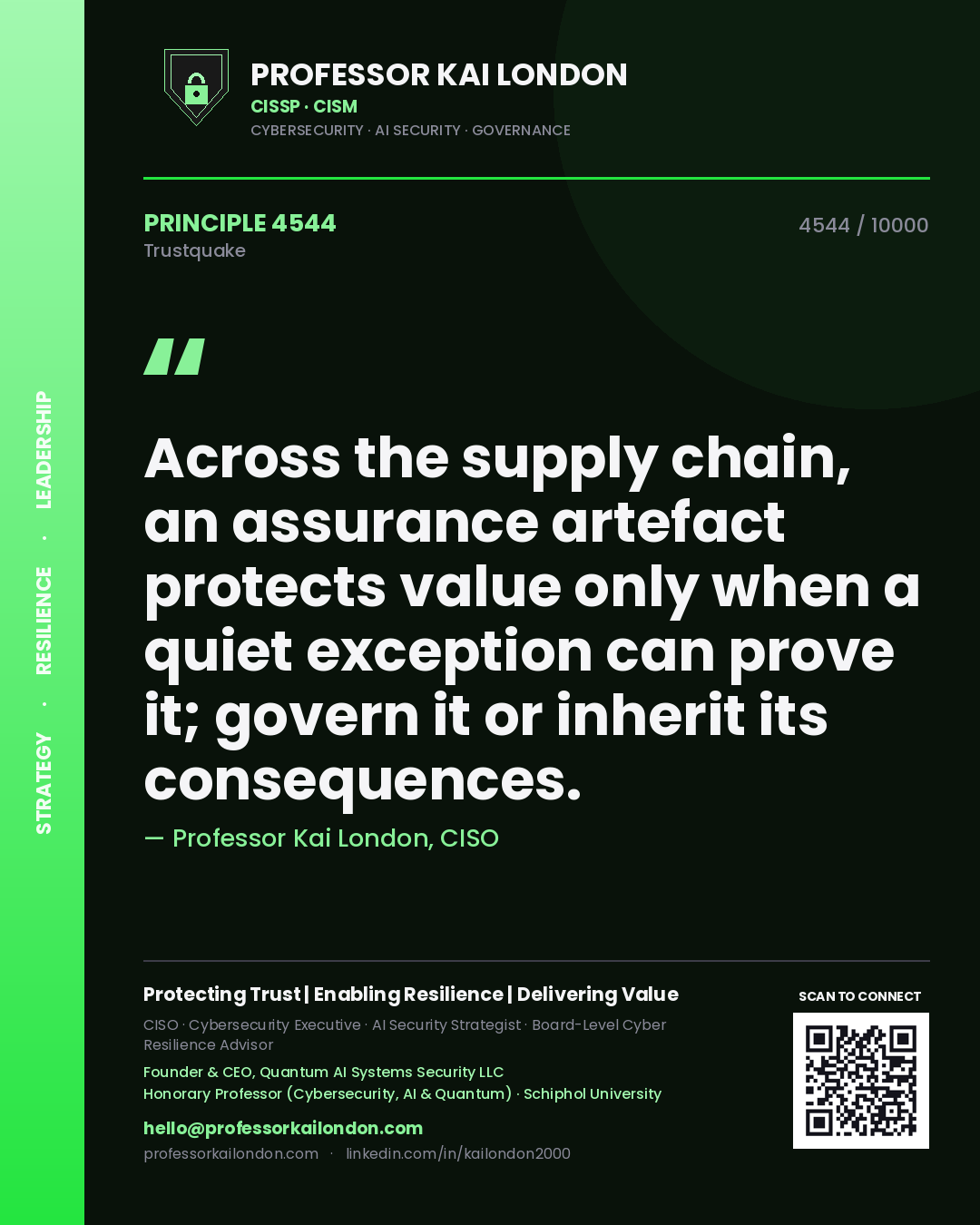 Professor Kai London principle 4544: Across the supply chain, an assurance artefact protects value only when a quiet exception can prove it; govern it or inherit its consequences.