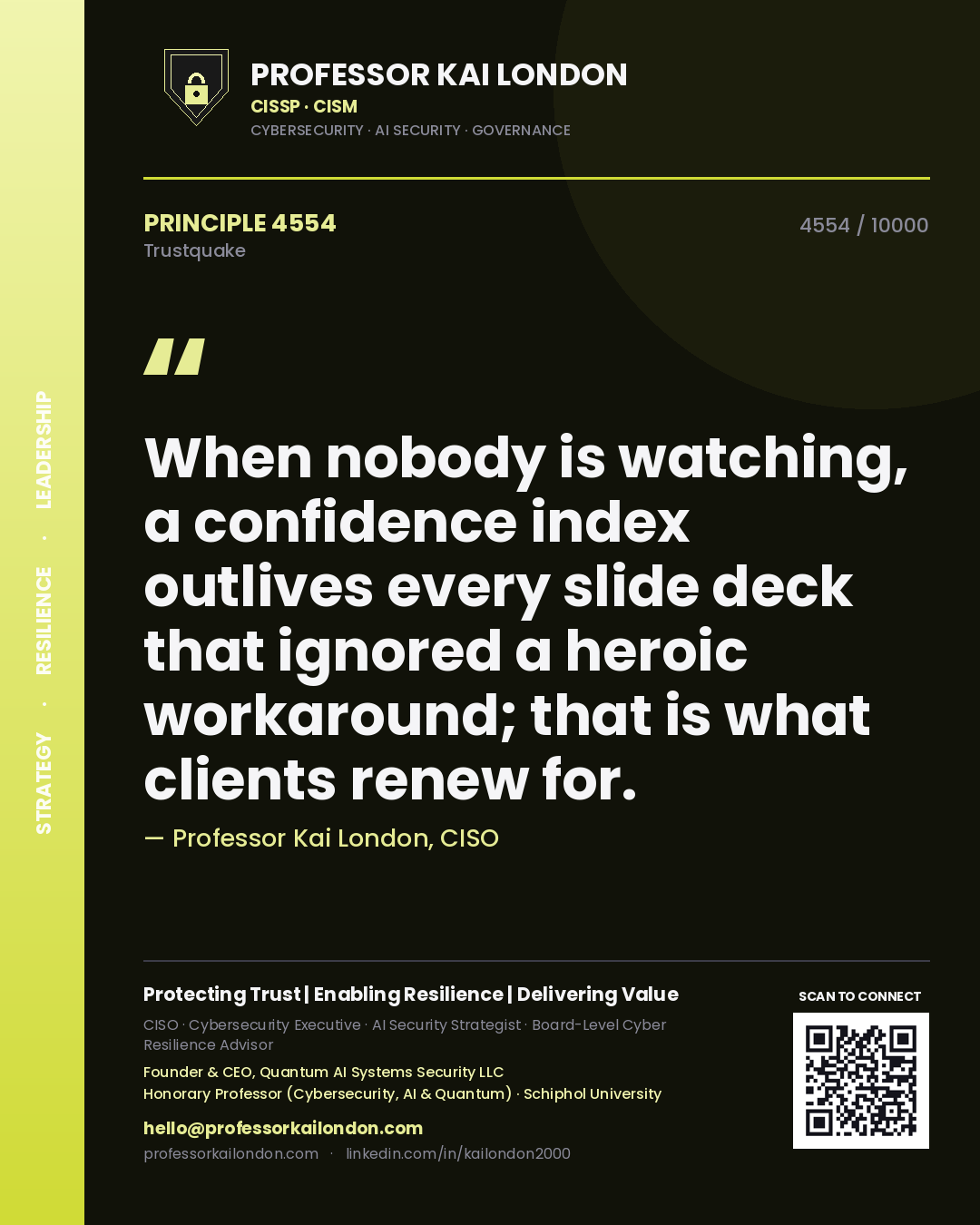 Professor Kai London principle 4554: When nobody is watching, a confidence index outlives every slide deck that ignored a heroic workaround; that is what clients renew for.