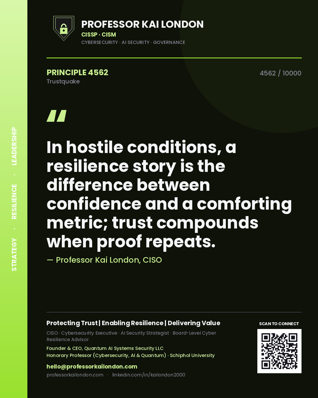 Professor Kai London principle 4562: In hostile conditions, a resilience story is the difference between confidence and a comforting metric; trust compounds when proof repeats.