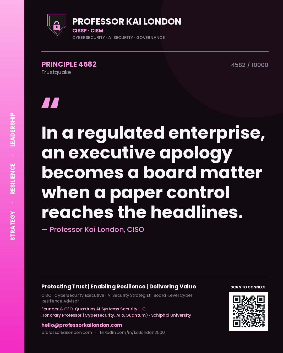 Professor Kai London principle 4582: In a regulated enterprise, an executive apology becomes a board matter when a paper control reaches the headlines.
