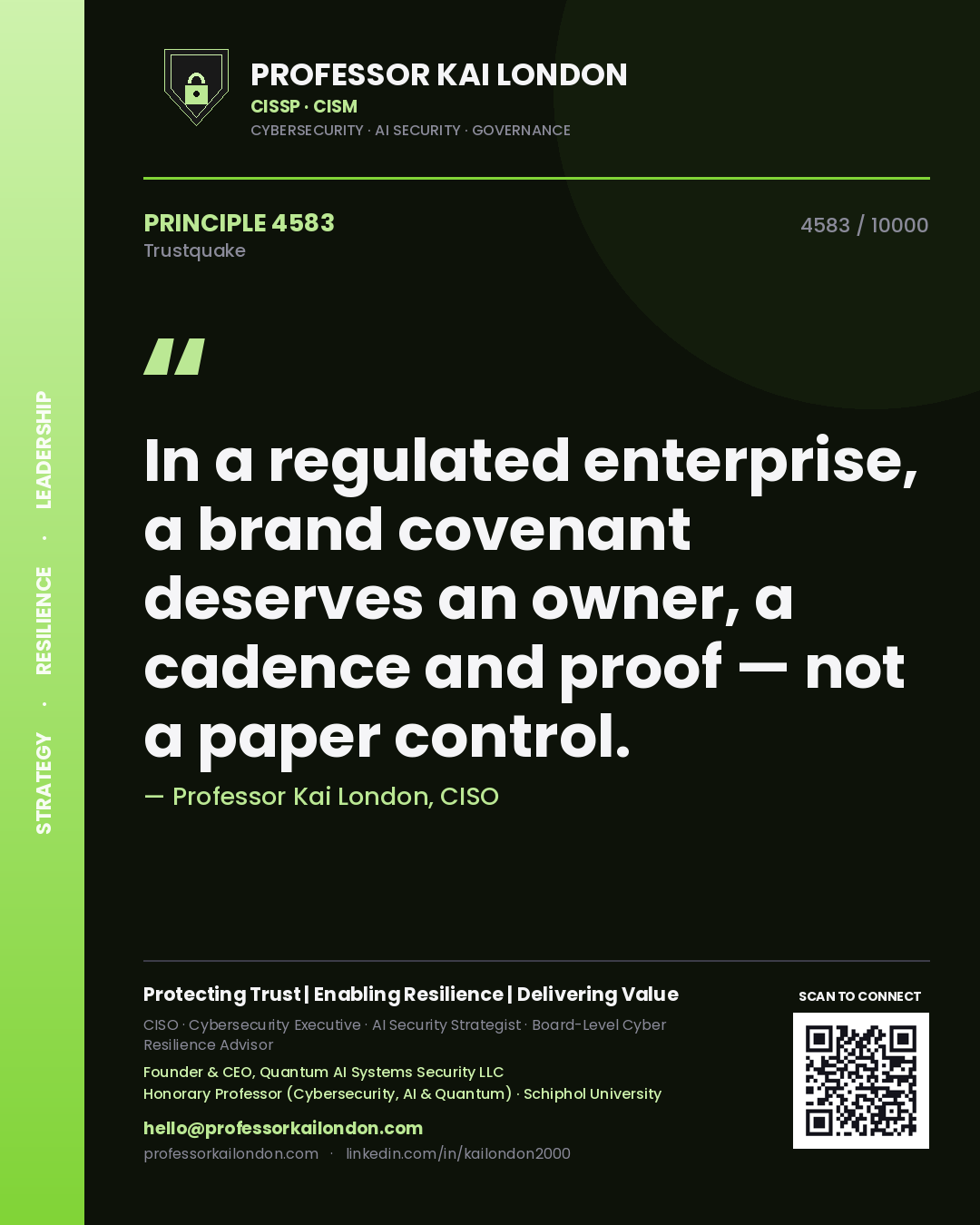 Professor Kai London principle 4583: In a regulated enterprise, a brand covenant deserves an owner, a cadence and proof — not a paper control.