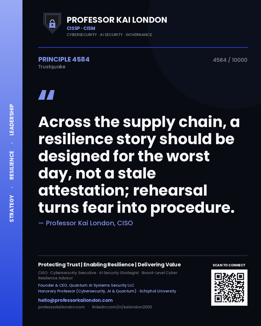 Professor Kai London principle 4584: Across the supply chain, a resilience story should be designed for the worst day, not a stale attestation; rehearsal turns fear into procedure.