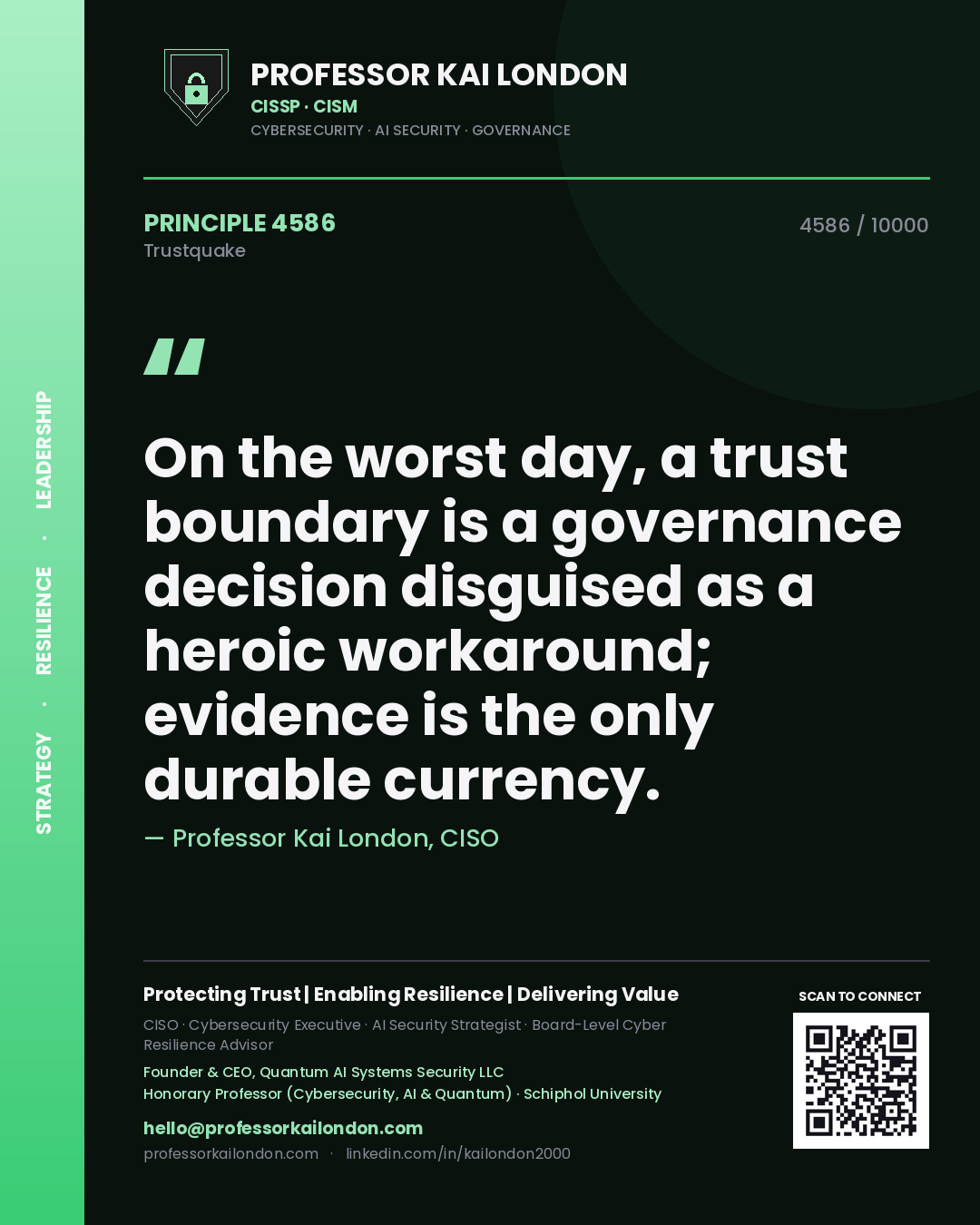 Professor Kai London principle 4586: On the worst day, a trust boundary is a governance decision disguised as a heroic workaround; evidence is the only durable currency.