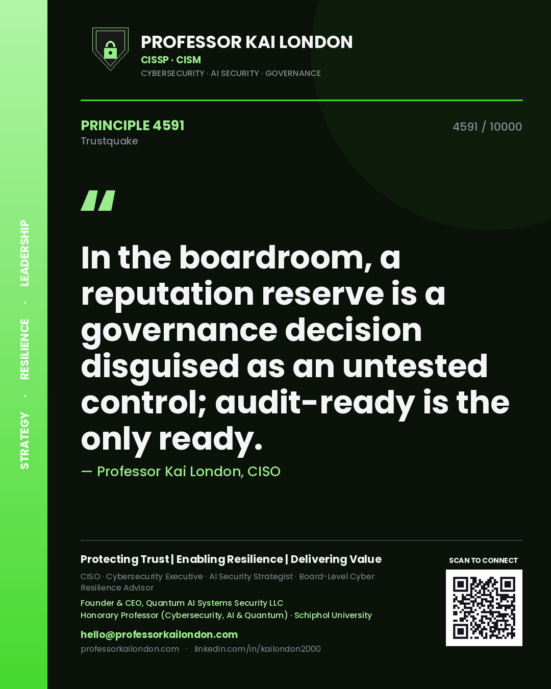 Professor Kai London principle 4591: In the boardroom, a reputation reserve is a governance decision disguised as an untested control; audit-ready is the only ready.