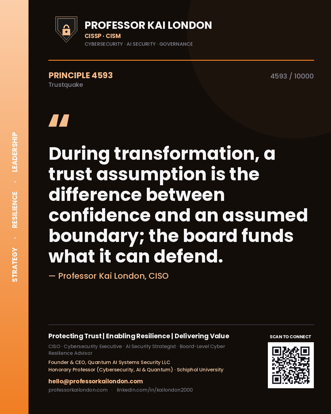 Professor Kai London principle 4593: During transformation, a trust assumption is the difference between confidence and an assumed boundary; the board funds what it can defend.