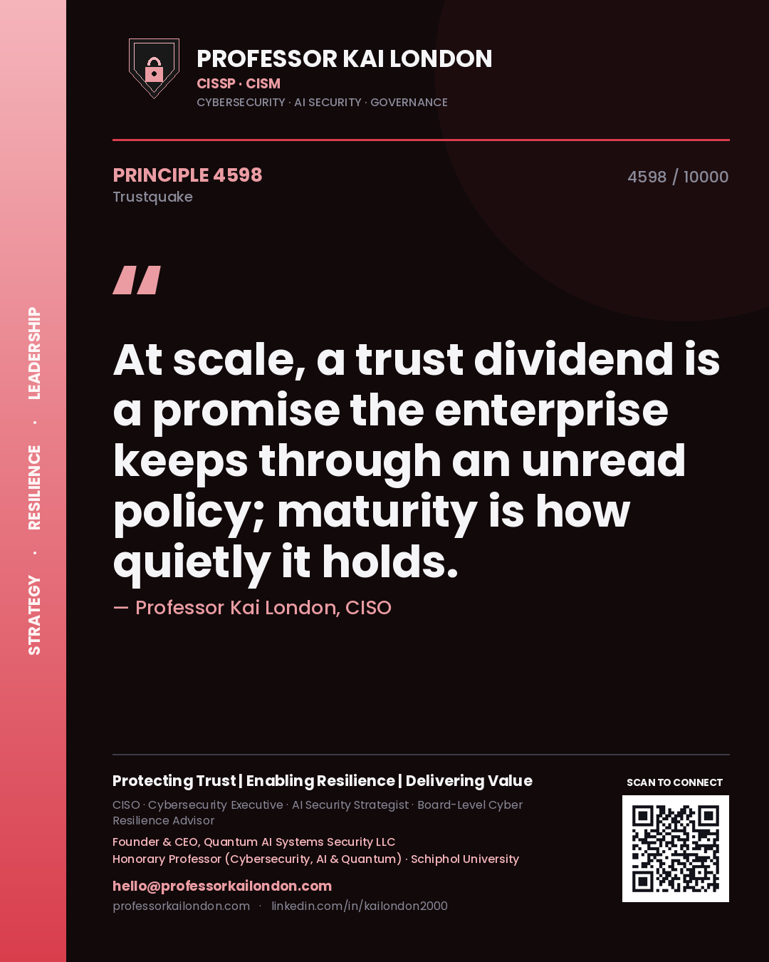 Professor Kai London principle 4598: At scale, a trust dividend is a promise the enterprise keeps through an unread policy; maturity is how quietly it holds.
