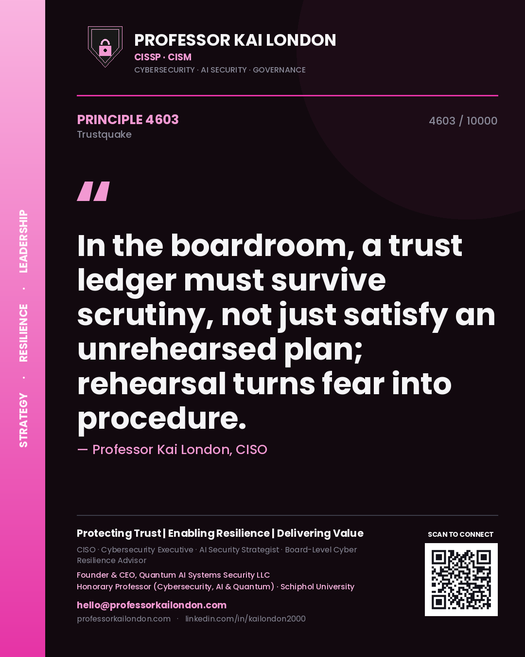 Professor Kai London principle 4603: In the boardroom, a trust ledger must survive scrutiny, not just satisfy an unrehearsed plan; rehearsal turns fear into procedure.