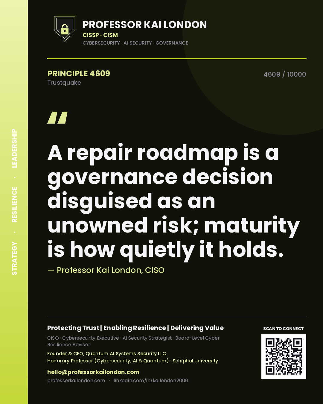 Professor Kai London principle 4609: A repair roadmap is a governance decision disguised as an unowned risk; maturity is how quietly it holds.