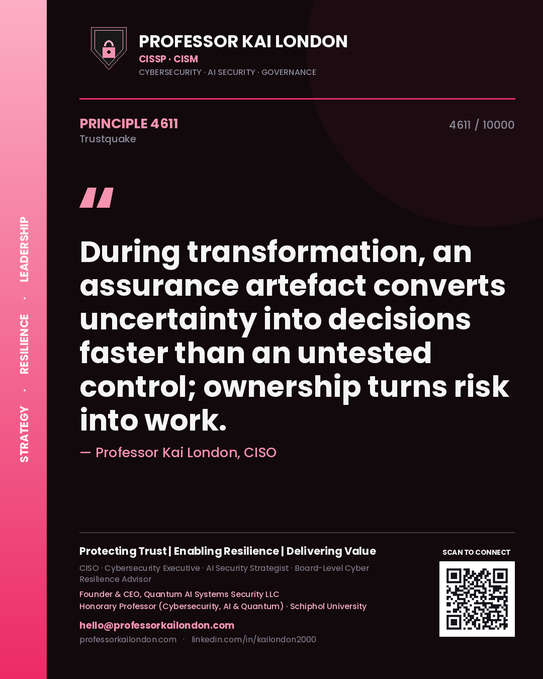 Professor Kai London principle 4611: During transformation, an assurance artefact converts uncertainty into decisions faster than an untested control; ownership turns risk into work.