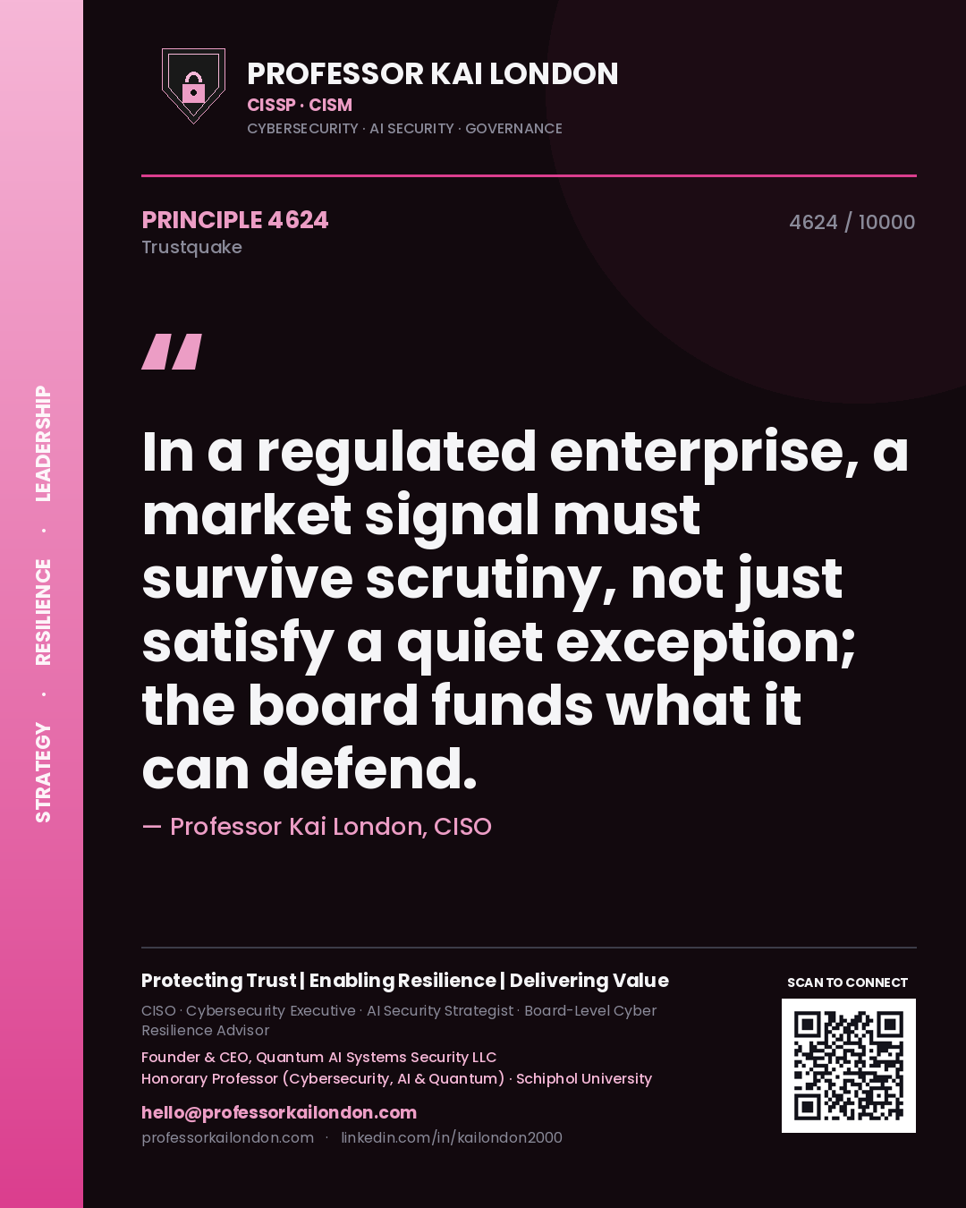 Professor Kai London principle 4624: In a regulated enterprise, a market signal must survive scrutiny, not just satisfy a quiet exception; the board funds what it can defend.
