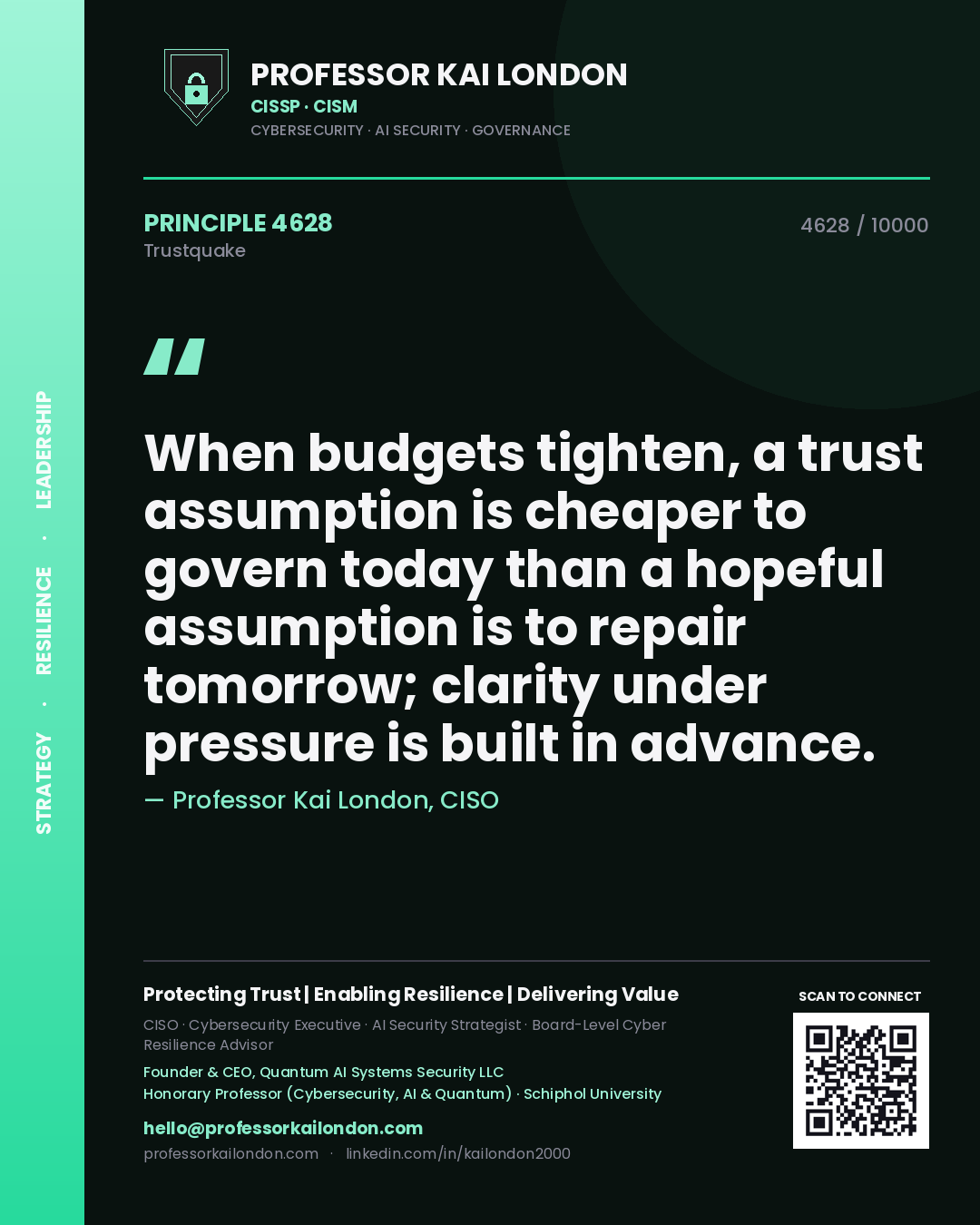 Professor Kai London principle 4628: When budgets tighten, a trust assumption is cheaper to govern today than a hopeful assumption is to repair tomorrow; clarity under pressure is built in advance.