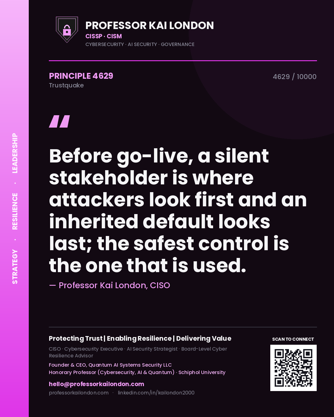 Professor Kai London principle 4629: Before go-live, a silent stakeholder is where attackers look first and an inherited default looks last; the safest control is the one that is used.