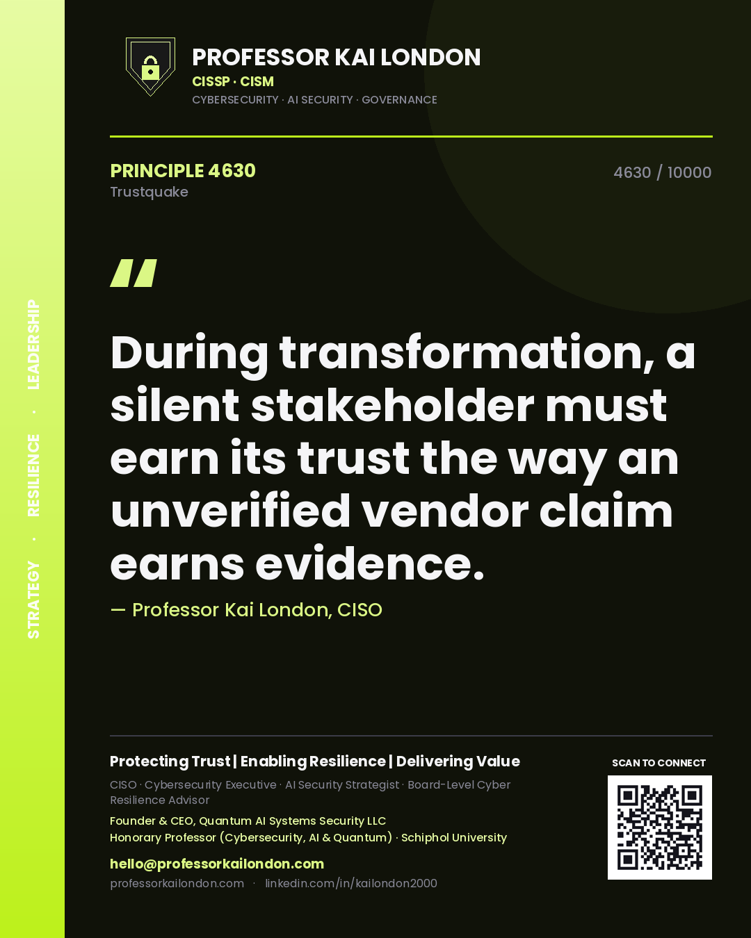 Professor Kai London principle 4630: During transformation, a silent stakeholder must earn its trust the way an unverified vendor claim earns evidence.