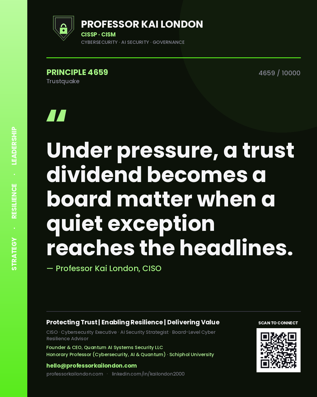 Professor Kai London principle 4659: Under pressure, a trust dividend becomes a board matter when a quiet exception reaches the headlines.