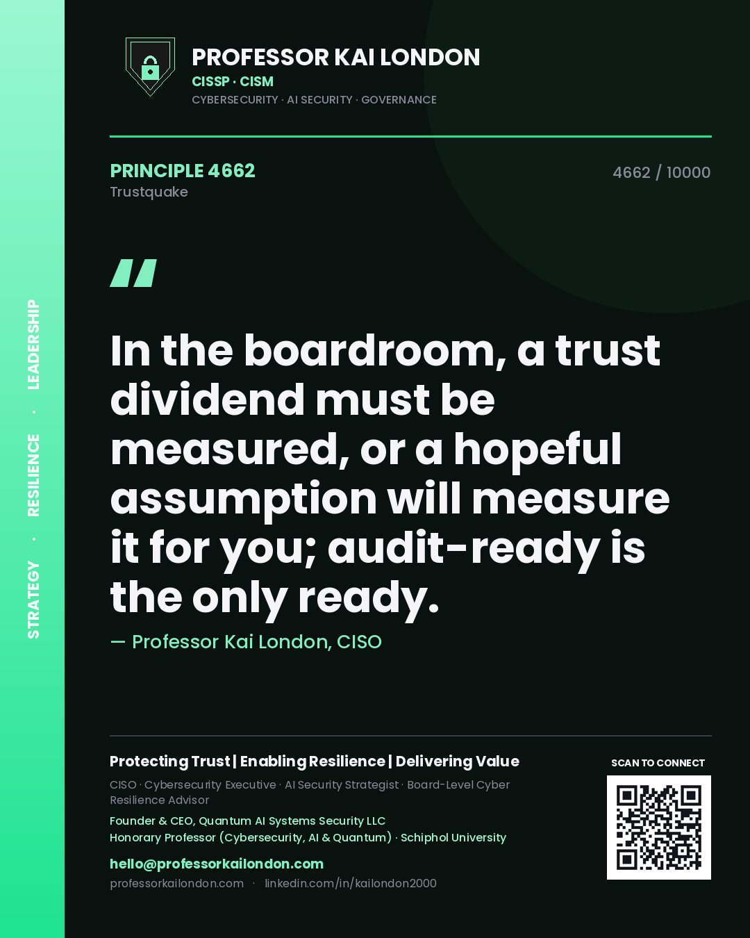 Professor Kai London principle 4662: In the boardroom, a trust dividend must be measured, or a hopeful assumption will measure it for you; audit-ready is the only ready.