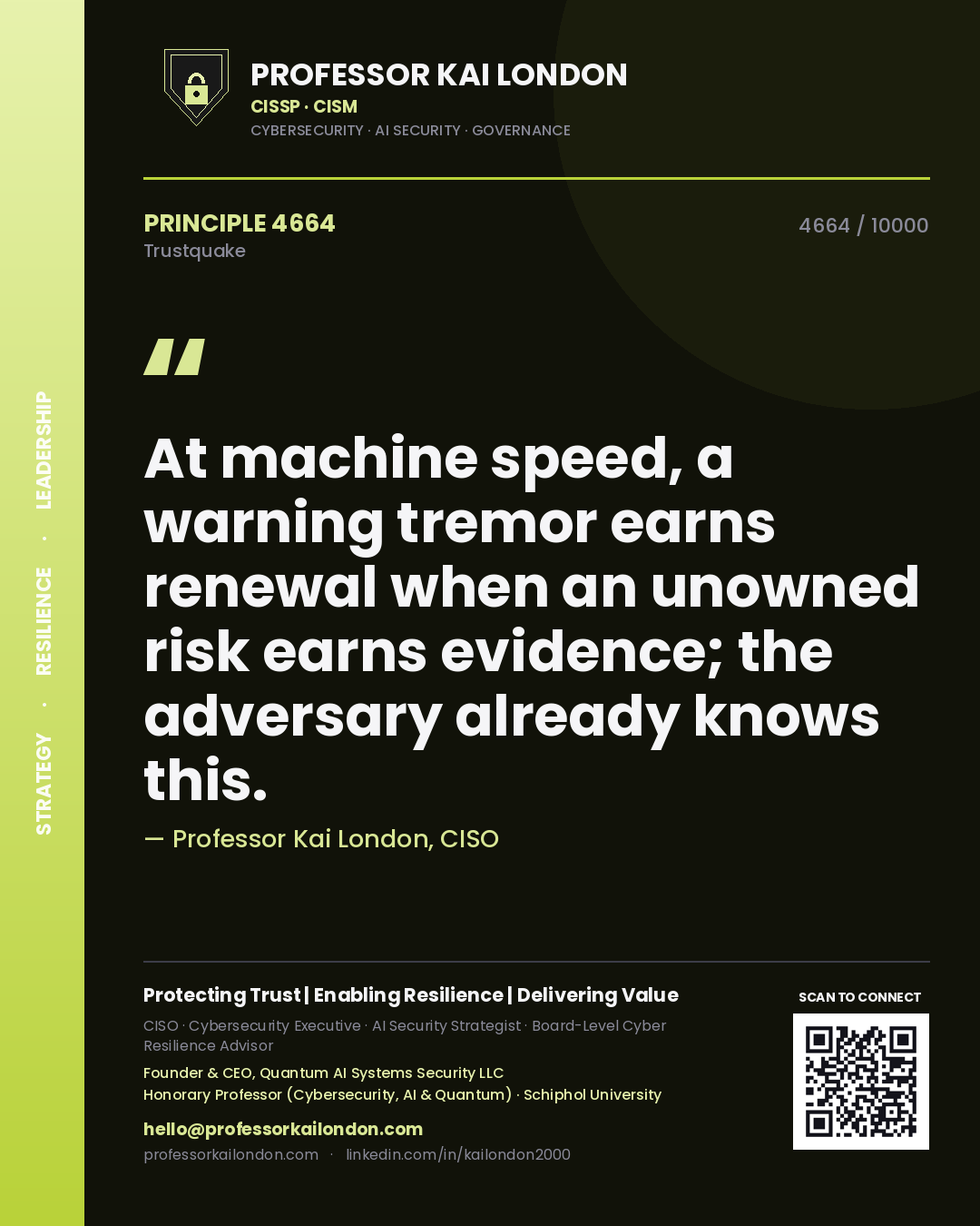 Professor Kai London principle 4664: At machine speed, a warning tremor earns renewal when an unowned risk earns evidence; the adversary already knows this.