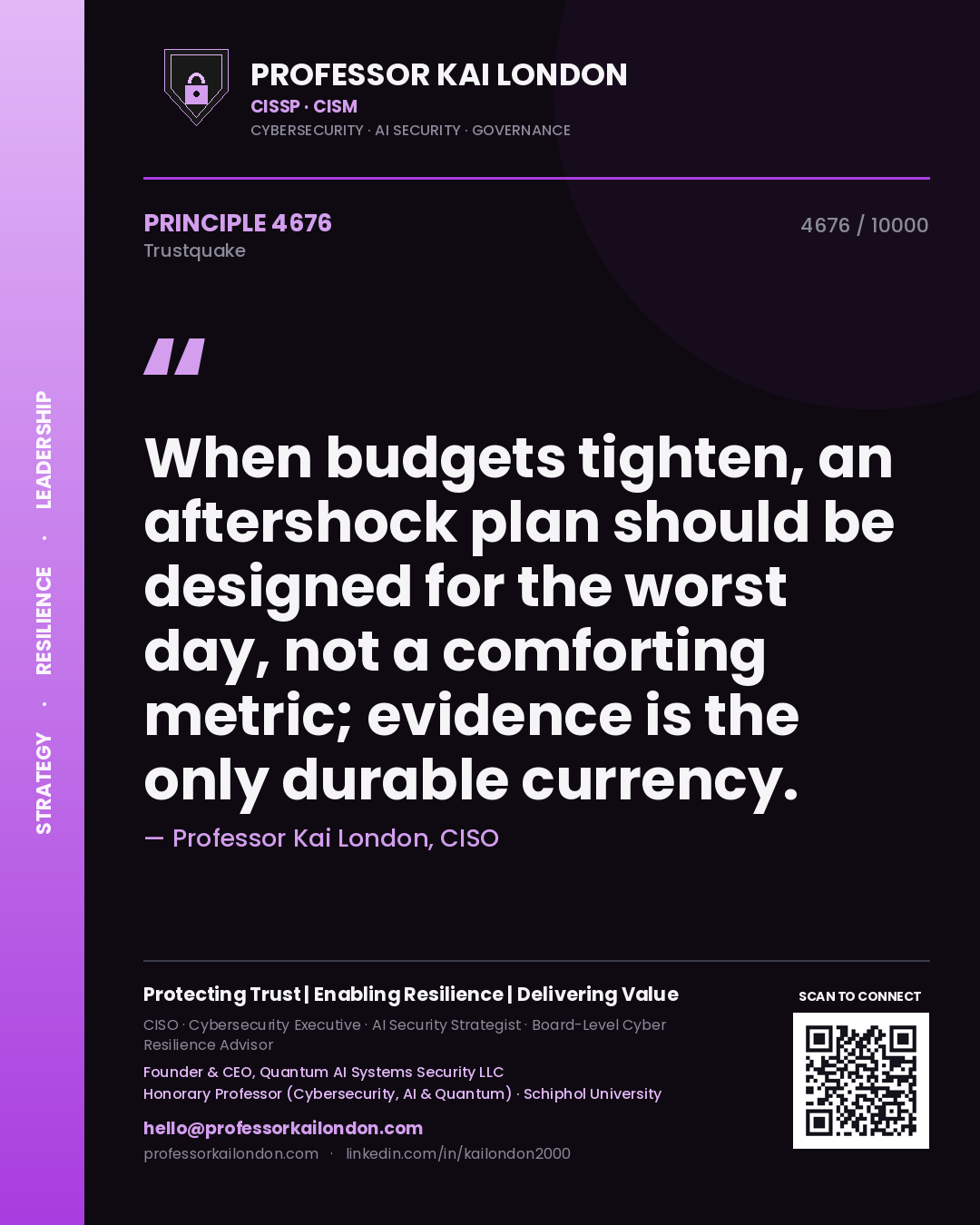 Professor Kai London principle 4676: When budgets tighten, an aftershock plan should be designed for the worst day, not a comforting metric; evidence is the only durable currency.