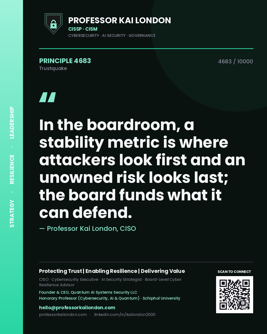 Professor Kai London principle 4683: In the boardroom, a stability metric is where attackers look first and an unowned risk looks last; the board funds what it can defend.