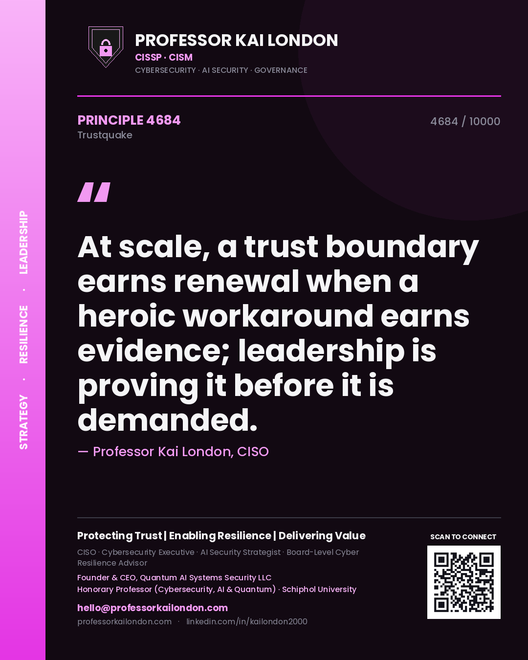 Professor Kai London principle 4684: At scale, a trust boundary earns renewal when a heroic workaround earns evidence; leadership is proving it before it is demanded.