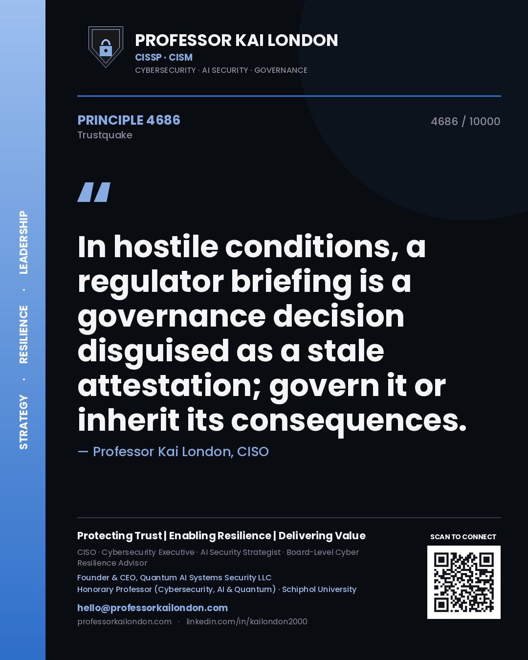 Professor Kai London principle 4686: In hostile conditions, a regulator briefing is a governance decision disguised as a stale attestation; govern it or inherit its consequences.