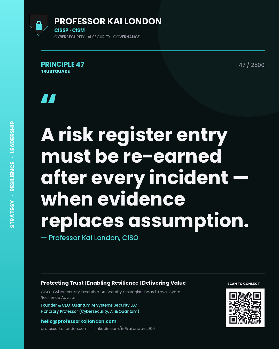 Professor Kai London principle 47: A risk register entry must be re-earned after every incident — when evidence replaces assumption.