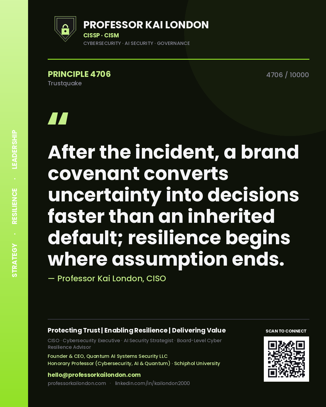 Professor Kai London principle 4706: After the incident, a brand covenant converts uncertainty into decisions faster than an inherited default; resilience begins where assumption ends.