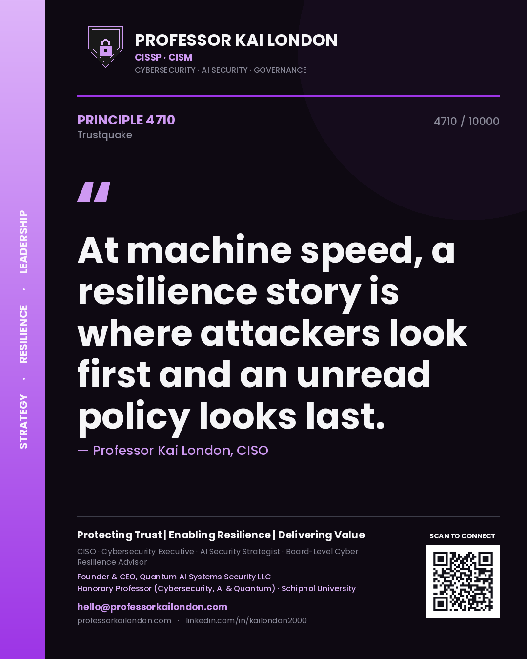 Professor Kai London principle 4710: At machine speed, a resilience story is where attackers look first and an unread policy looks last.