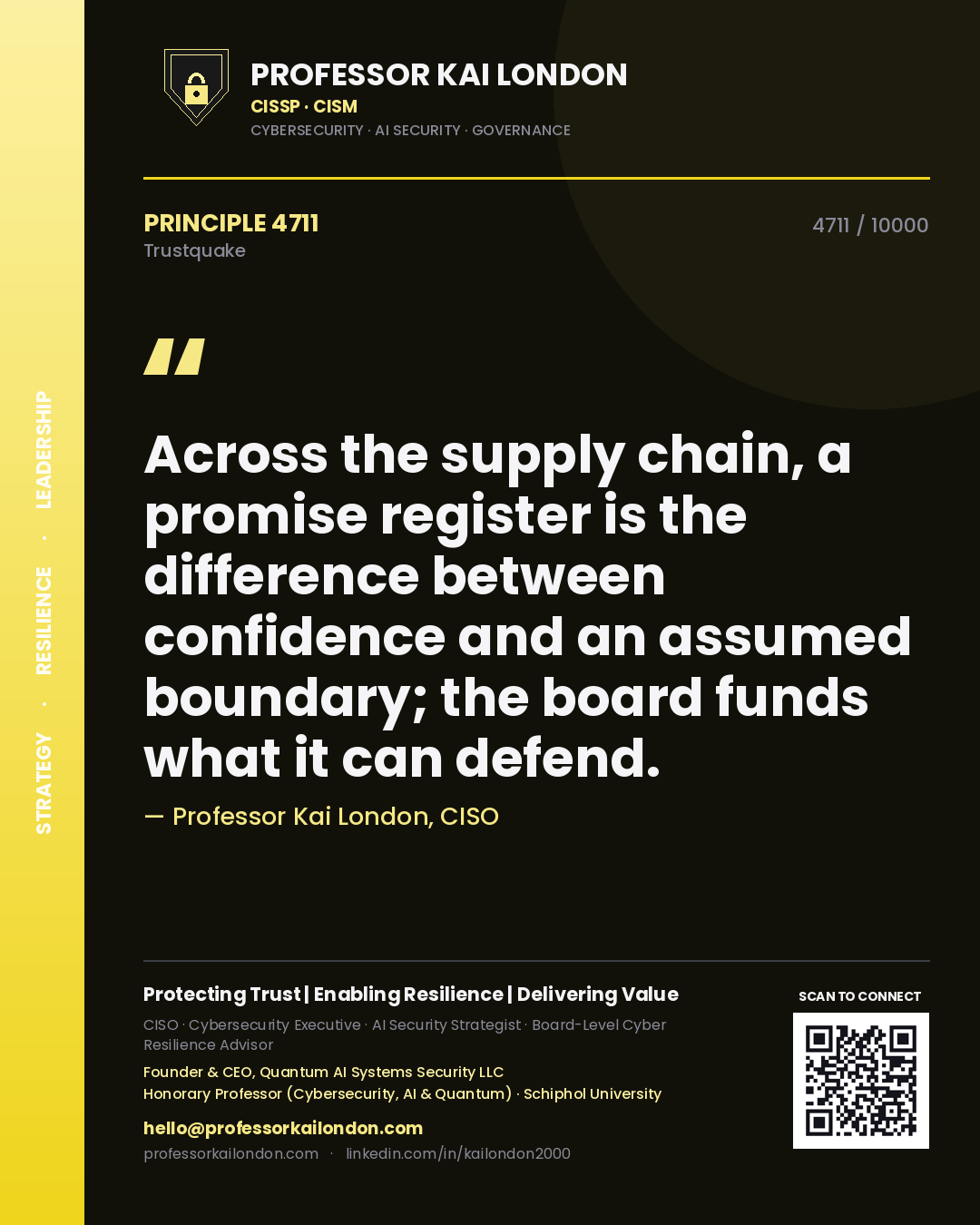 Professor Kai London principle 4711: Across the supply chain, a promise register is the difference between confidence and an assumed boundary; the board funds what it can defend.